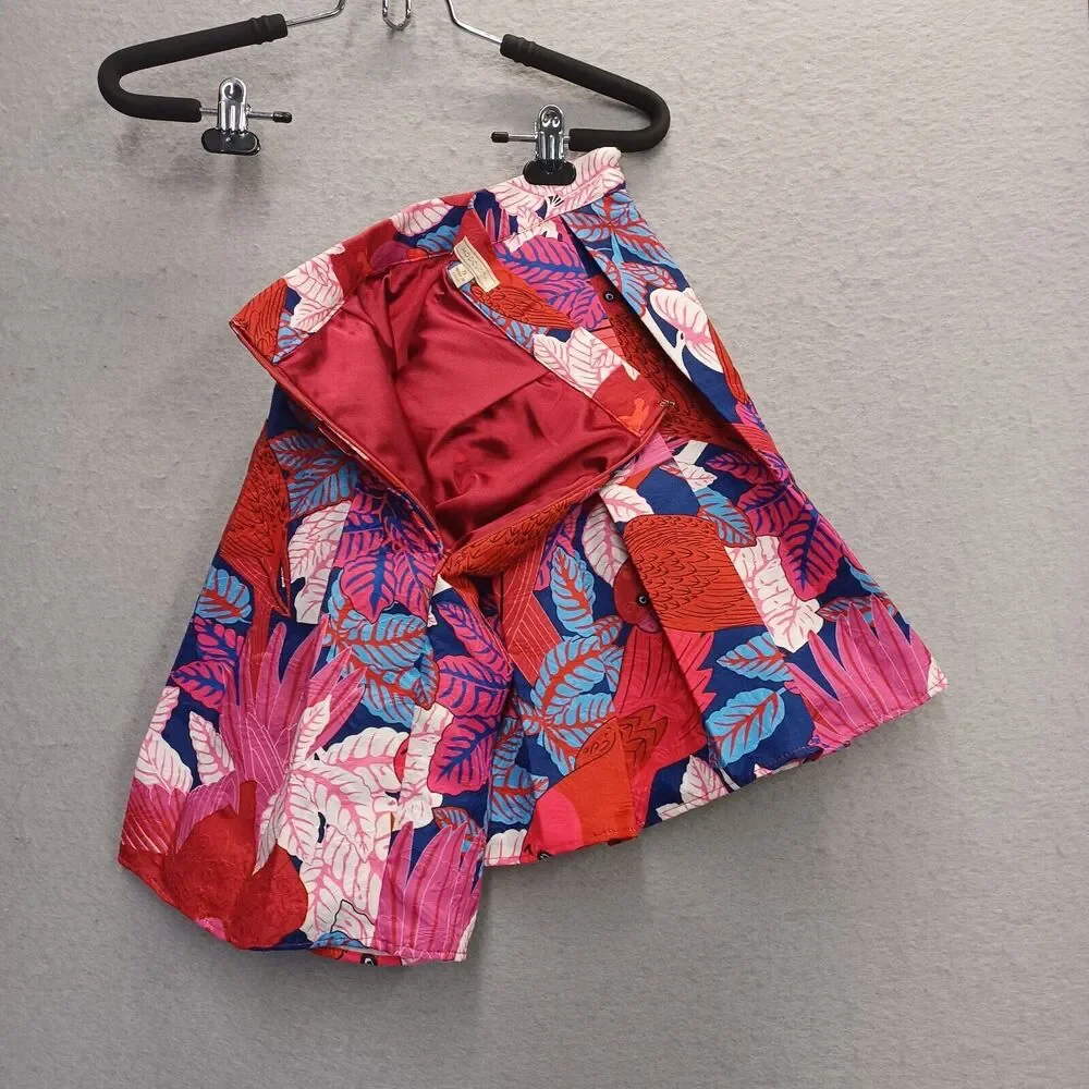 Womens Modcloth Small Tropical Floral Bird Print Pleated Umbrella Skirt